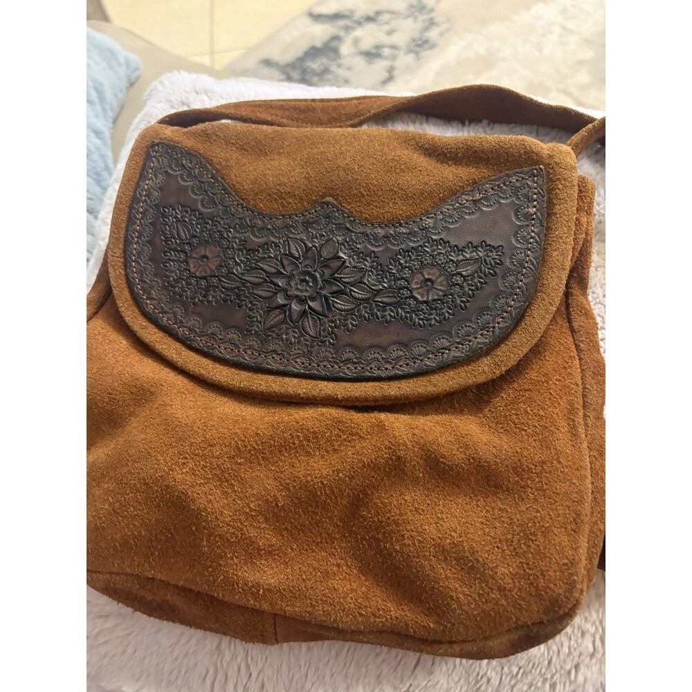 Vintage Suede Purse With Hand Tooled Decor - Picture 2 of 7